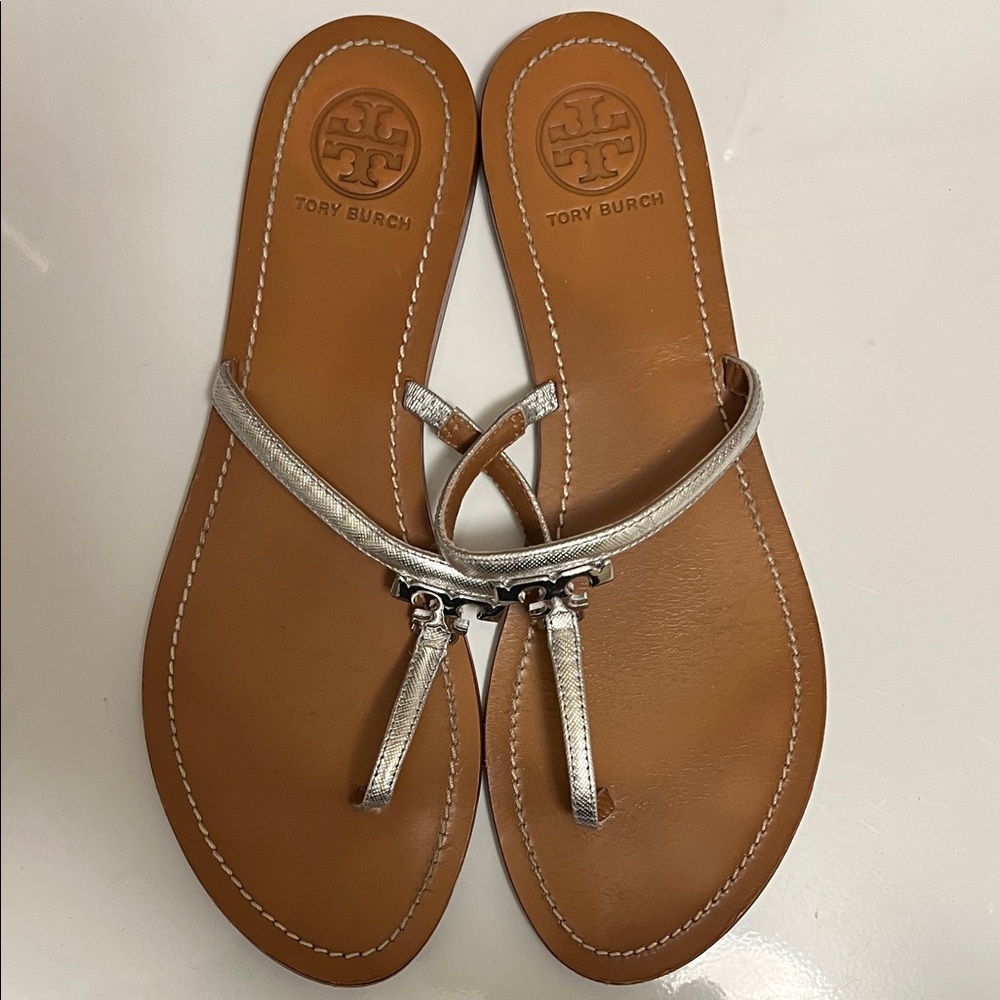 Tory Burch Silver and Tan Women's Sandals